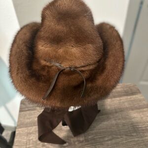 Brown Fur Hat with Ribbon